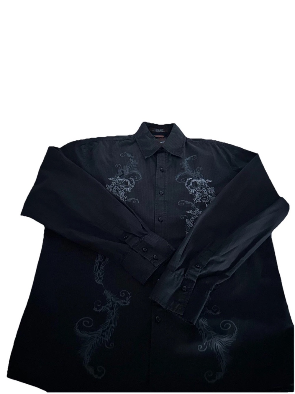 Roar Black Long-Sleeve Button-Down Shirt with Embroidered Scroll Accents